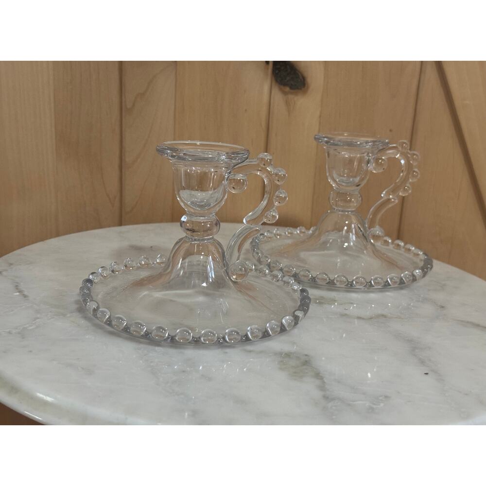 Vintage Set Imperial Glass Candlewick Crystal Handled Chamber Candle Holders